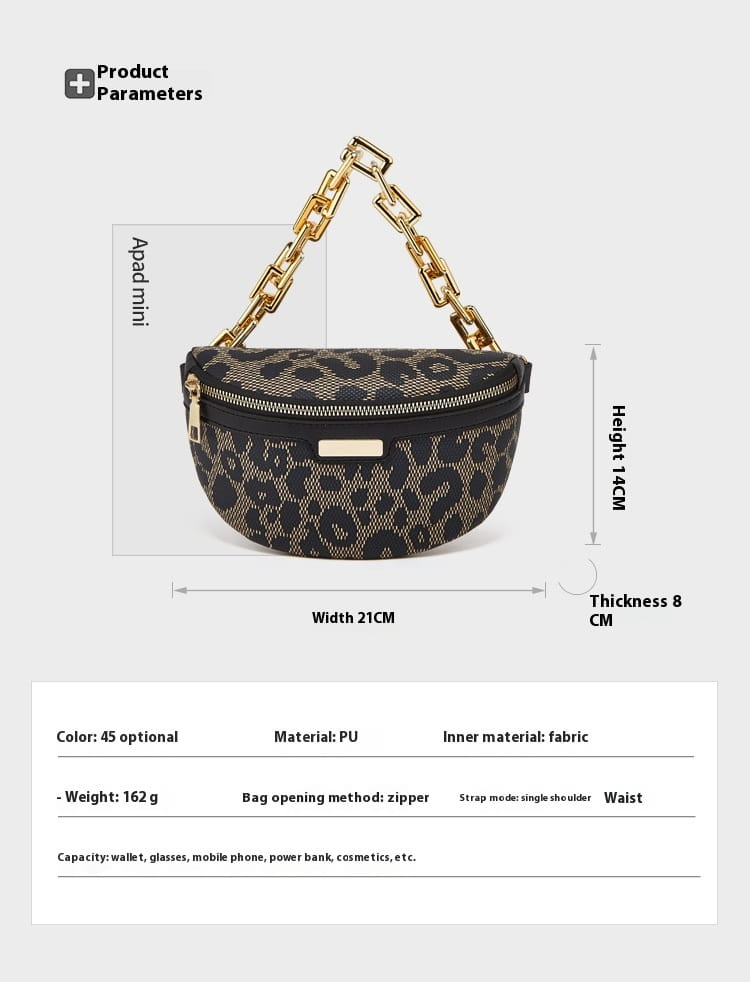 Gürteltasche mit Leopardenmuster aus PU für Damen mit einem goldfarbenen Kettenträger und stilvollem Tiermuster.