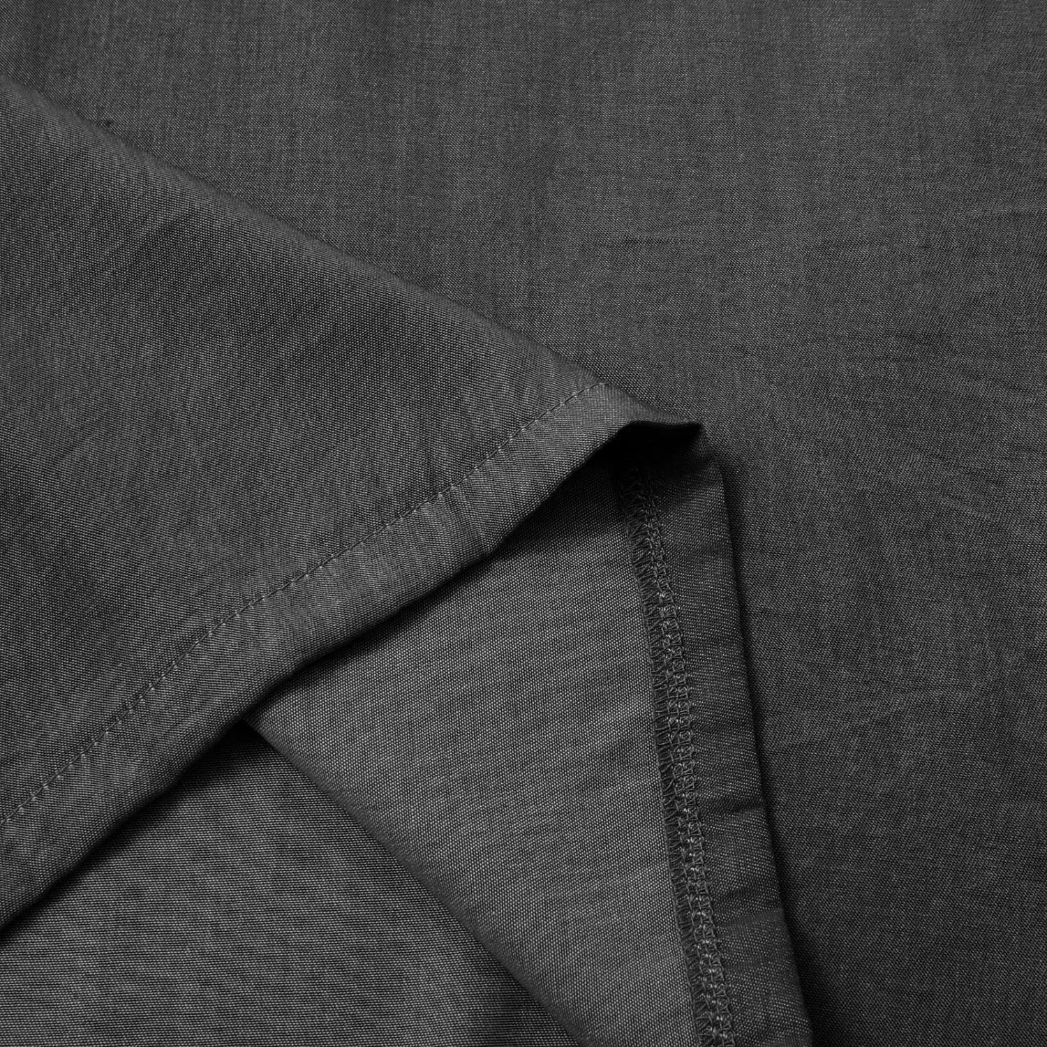 Men slim fit sleeveless denim henley shirt in dark gray linen fabric with subtle textured weave and neatly stitched seams.