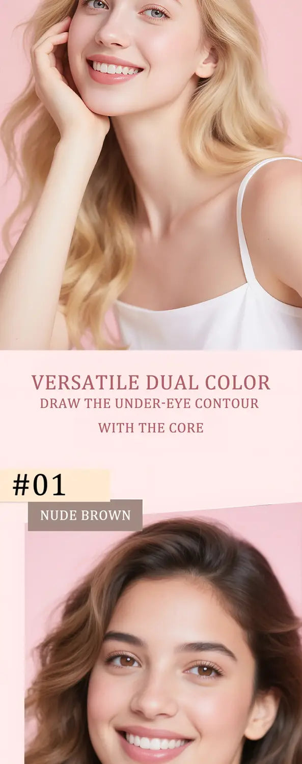 Nude brown dual-color under-eye contour pencil featured in rose gold dual ended eyeshadow and silkworm pen for precise makeup application.