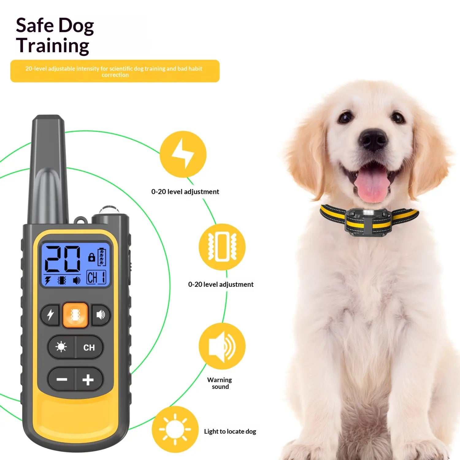 Black and yellow anti bark dog training collar with a digital display remote control for effective dog training.