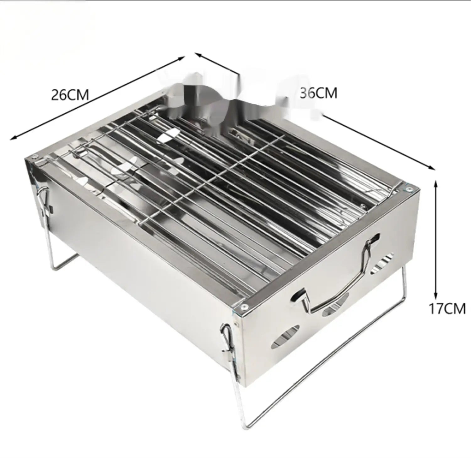 Compact stainless steel folding charcoal grill with sleek reflective surface and integrated handle included in 30 stainless steel skewers set.