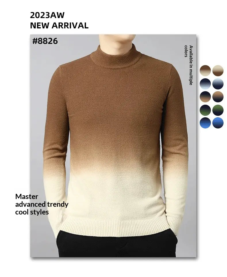 A stylish brown-to-cream gradient fleece-lined turtleneck sweater for men with ribbed hem and cuffs.