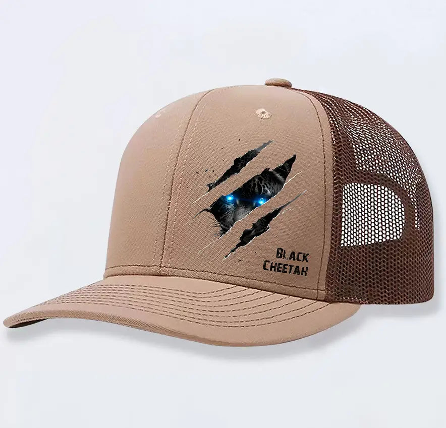 Tan polyester cheetah graphic trucker hat for men featuring a black cheetah with glowing blue eyes and black cheetah text for casual use.