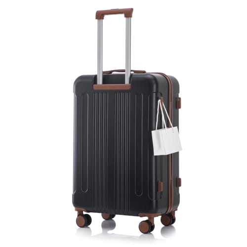 Black hard-shell abs spinner suitcase with brown accents, retractable handle, and tsa lock from a 3 piece abs spinner luggage set shown from the back side.