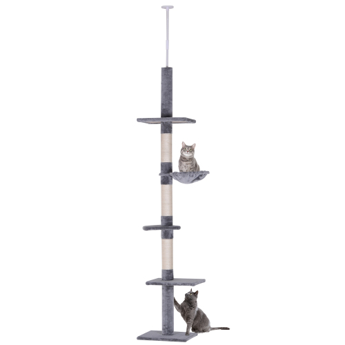 Adjustable floor-to-ceiling cat tree grey with gray and beige multi-level soft platforms and sisal scratching posts for cats.