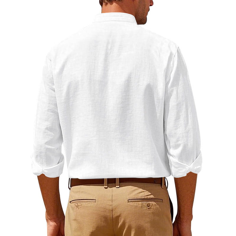 Men’s casual white linen long sleeve shirt with button-down front and rolled cuffs.