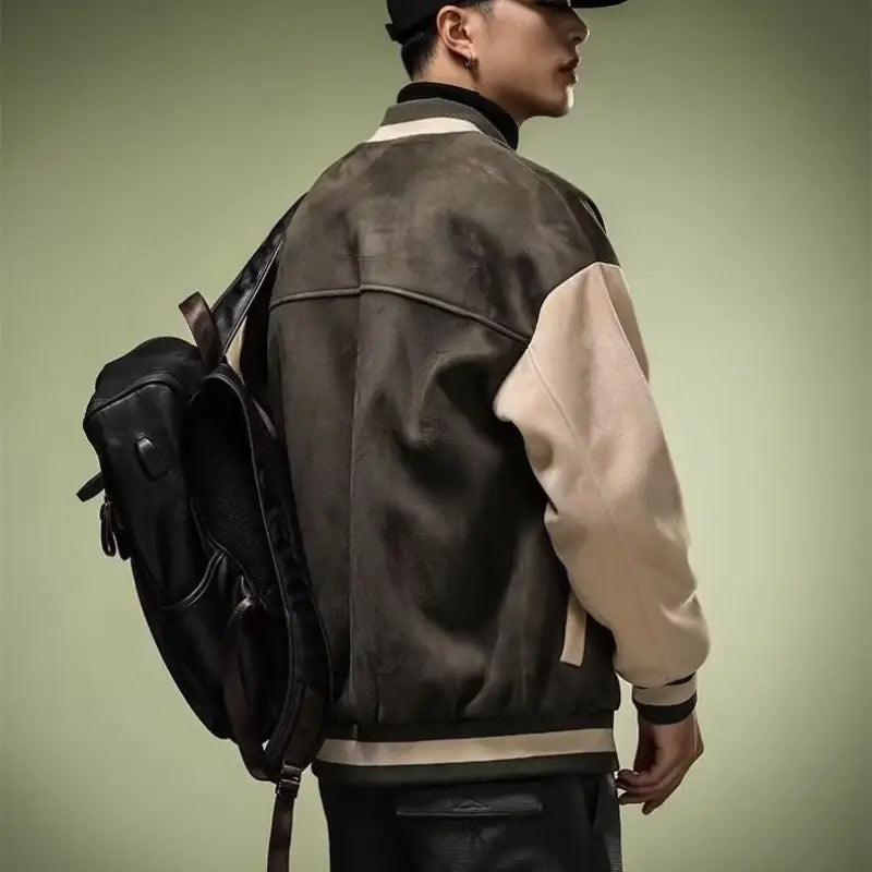 Dark brown and beige suede varsity jacket with contrasting black trim designed as a Korean style loose casual top.