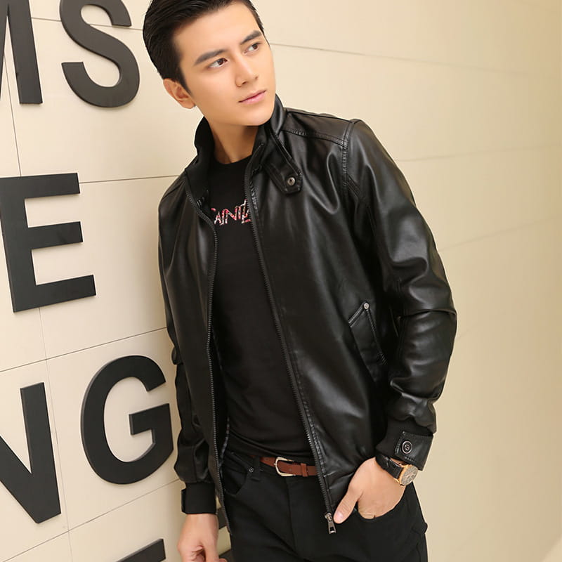 Black faux leather bomber jacket with a sleek glossy finish and classic collar for men.