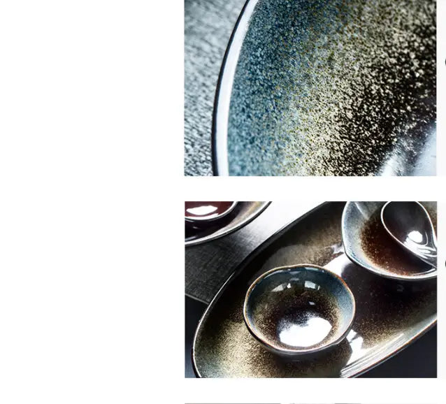 A set of ceramic sake cups with a speckled gradient kiln glaze porcelain finish transitioning from deep blue to dark brown in a ceramic tableware set black and gold.