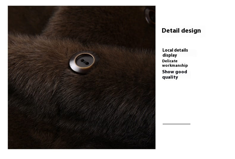 Dark brown faux fur men’s furs shearling double breasted winter coat with a metallic button.