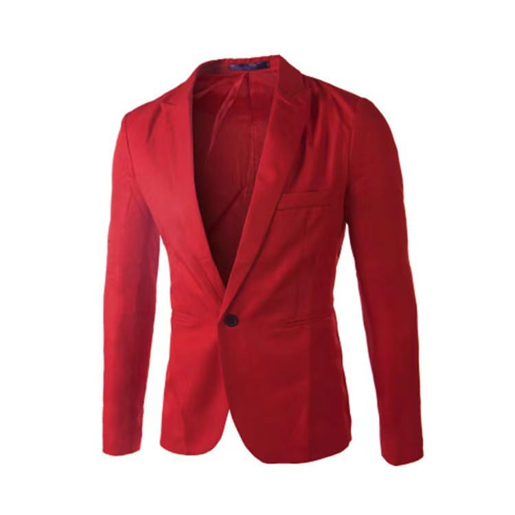 Veste de blazer décontractée à simple boutonnage bleu marine pour homme présentant un tissu rouge vif avec un seul bouton noir et un design épuré et ajusté.
