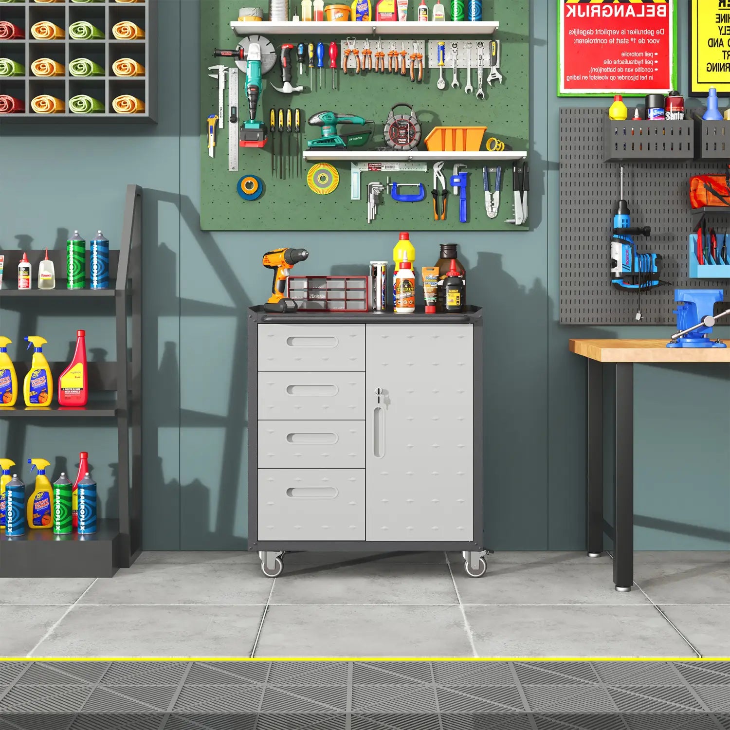 Gray metal tool storage cabinet with four drawers, a cabinet door, black trim, silver handles, and wheels for mobility.