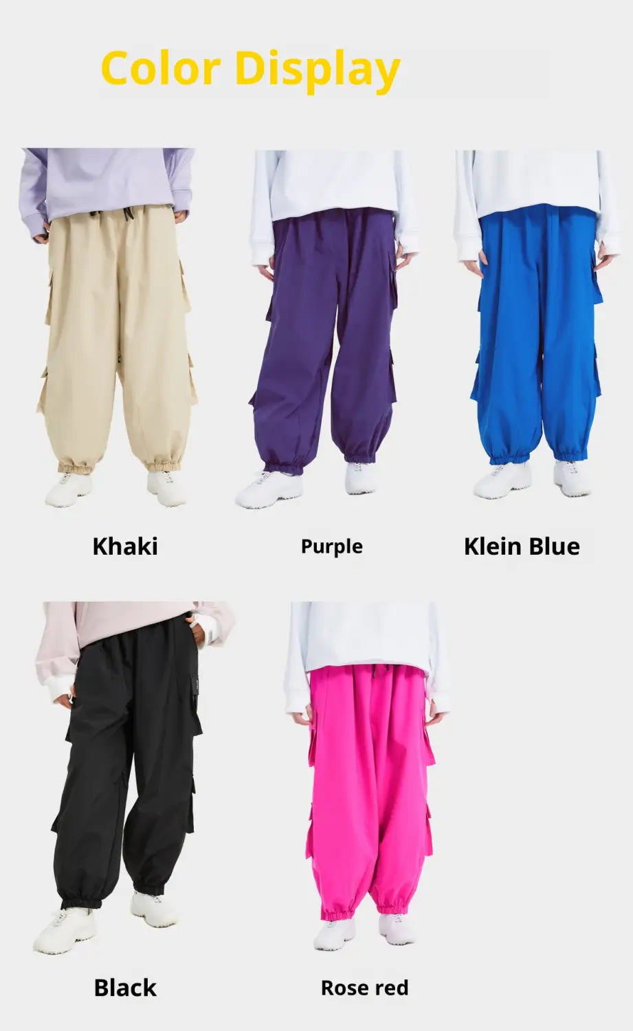 Winter outdoor loose ski pants in khaki purple klein blue black and rose red designed for cold weather activities.