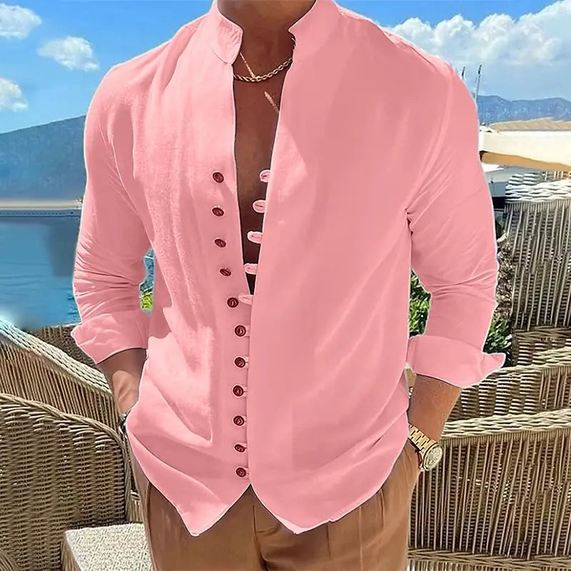 A soft pink mandarin collar linen blend wrinkle resistant casual shirt with long sleeves and dark brown buttons.