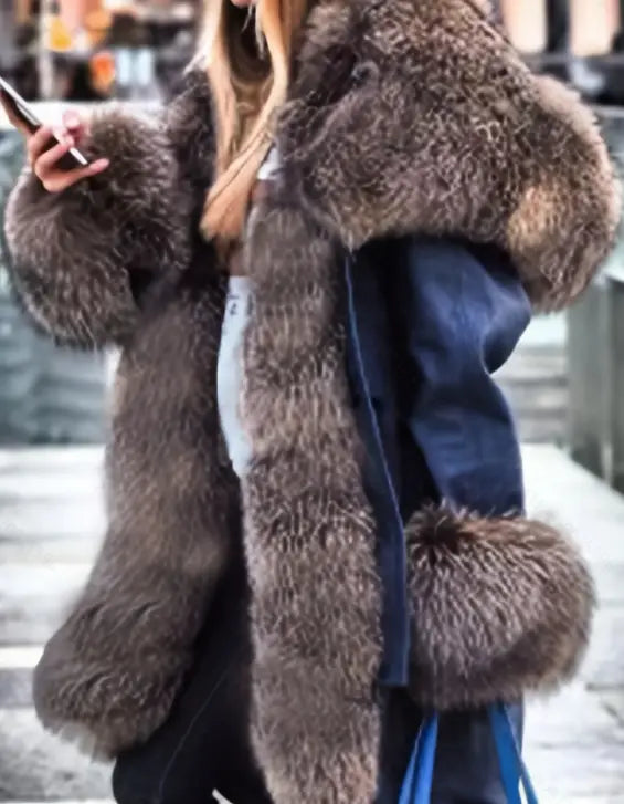 Une luxueuse veste-coat ample en fausse fourrure brune, avec une texture volumineuse et des poignets surdimensionnés assortis.