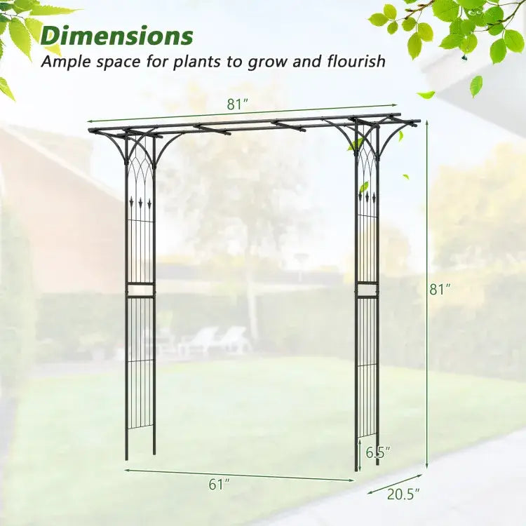black wrought iron metal garden arbor archway with ornate vertical posts and horizontal beams for climbing plants 81in