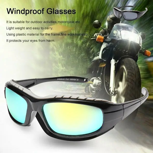 Black plastic-framed windproof sport riding sunglasses with polarized gradient blue and yellow mirrored lenses.
