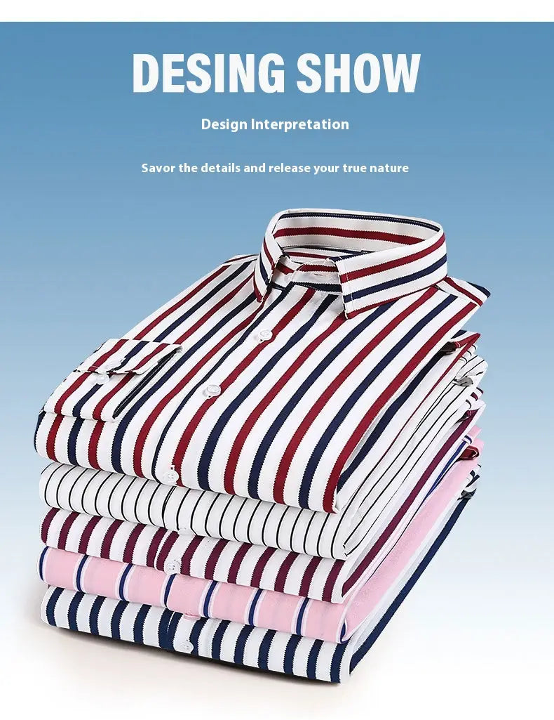 Stapeln Sie Herren gestreifte Langarm-Slim-Fit-Hemden in Rot, Marineblau, Blau und Weiß mit klaren Kragen.