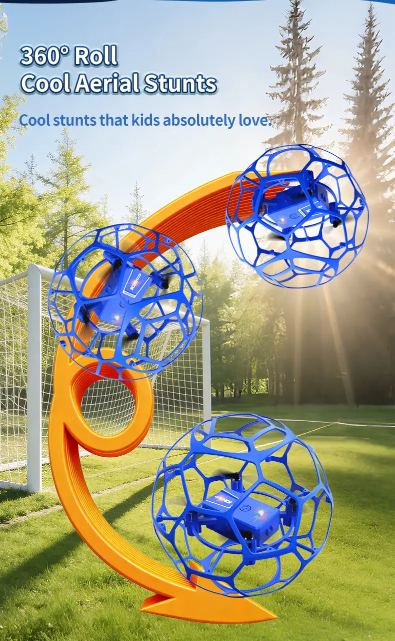 K26 football drone blue spherical cage toy featuring a blue drone encased in a transparent blue spherical cage designed for 360° aerial stunts with dual battery.