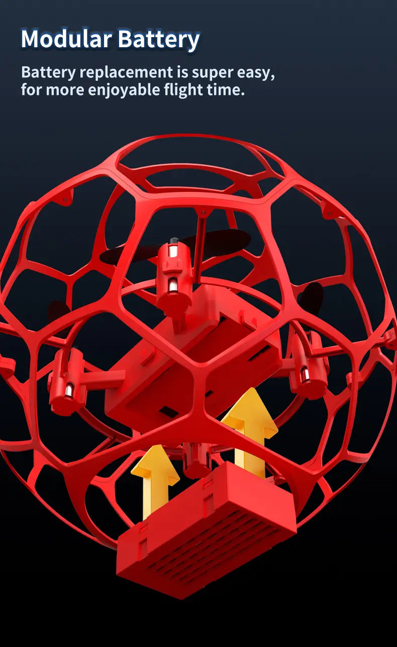 red modular drone with a honeycomb protective cage and visible battery compartment shown from the back in a k26 football drone blue spherical cage toy with dual battery