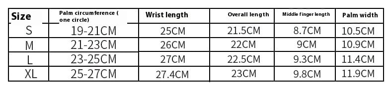 The table displays size measurements for tactical gloves reinforced tan breathable multifunctional style, listing palm circumference, wrist length, overall length, middle finger length, and palm width for sizes S through XL.