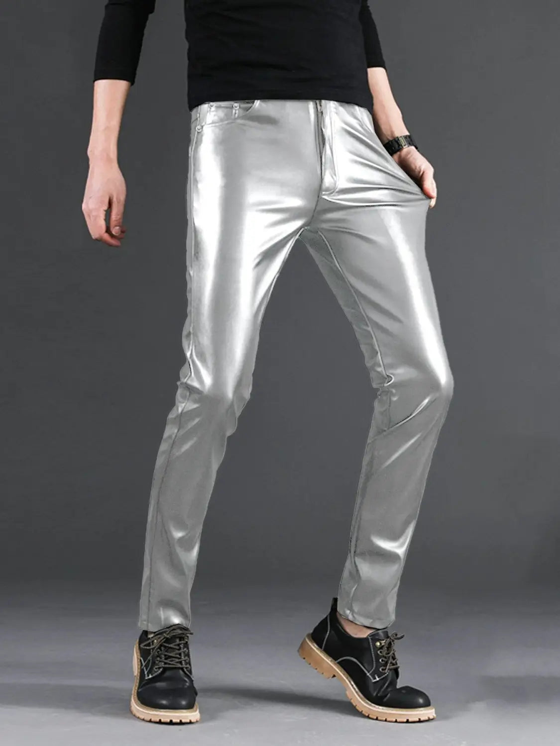 Men’s slim fit metallic and matte faux leather pants featuring silver metallic skinny jeans with a glossy finish and classic five-pocket design.