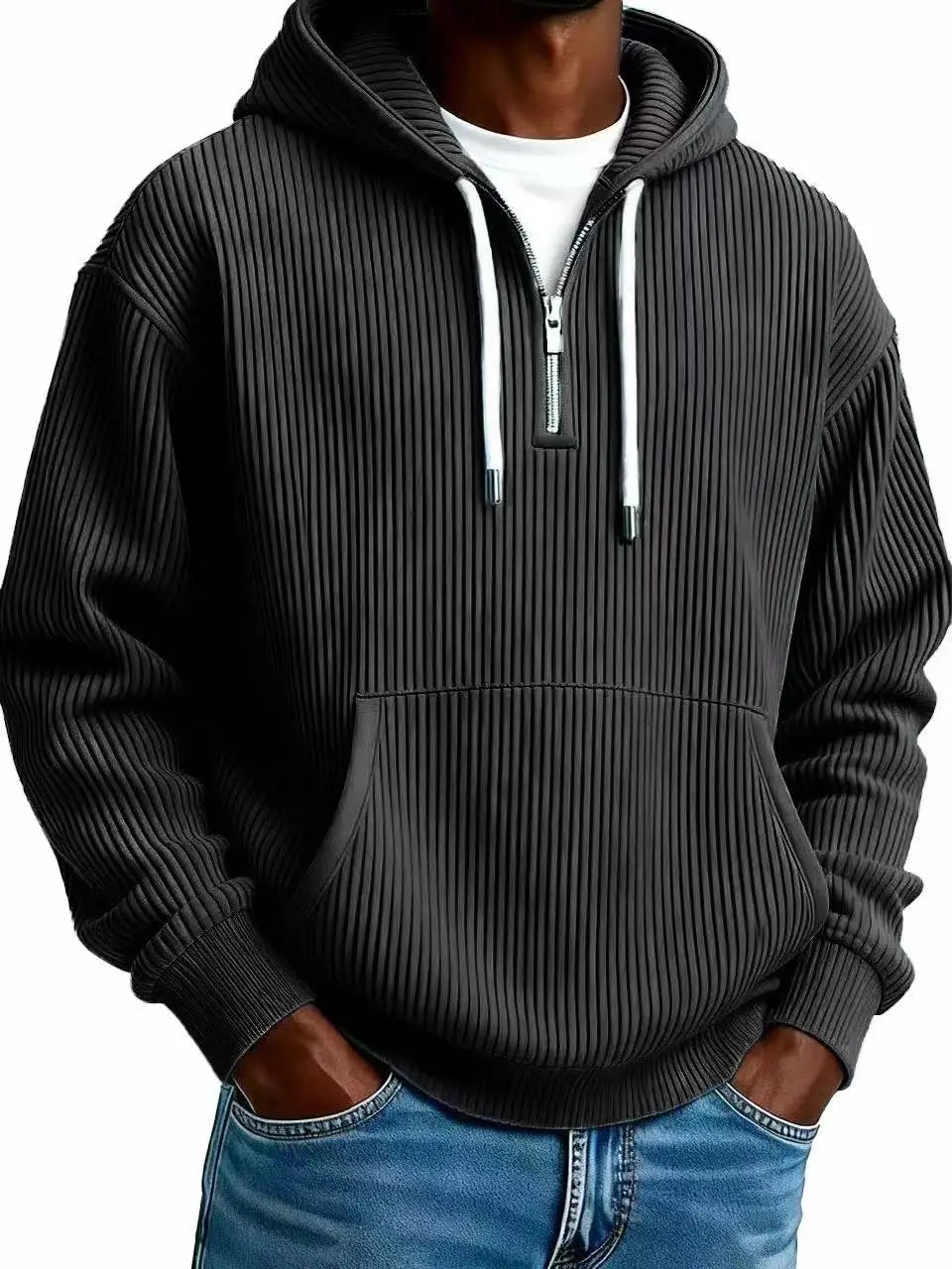 Men’s ribbed corduroy half zip pullover hoodie in black ribbed cotton with white zipper and drawstrings.