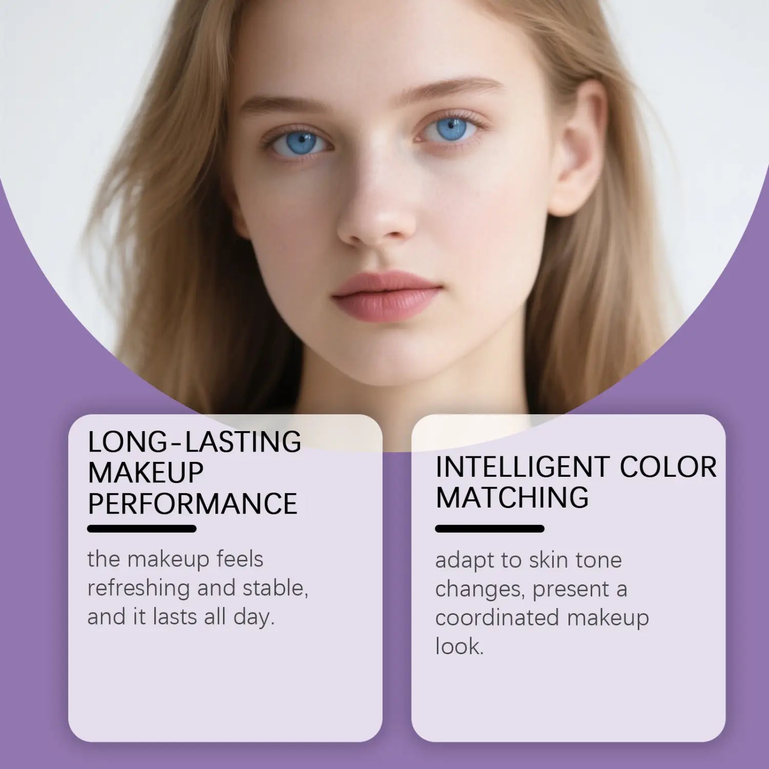 Une femme aux yeux bleus saisissants et aux cheveux blond clair portant un maquillage discret, mettant en vedette le fond de teint changeant pour les peaux claires à moyennes 51.