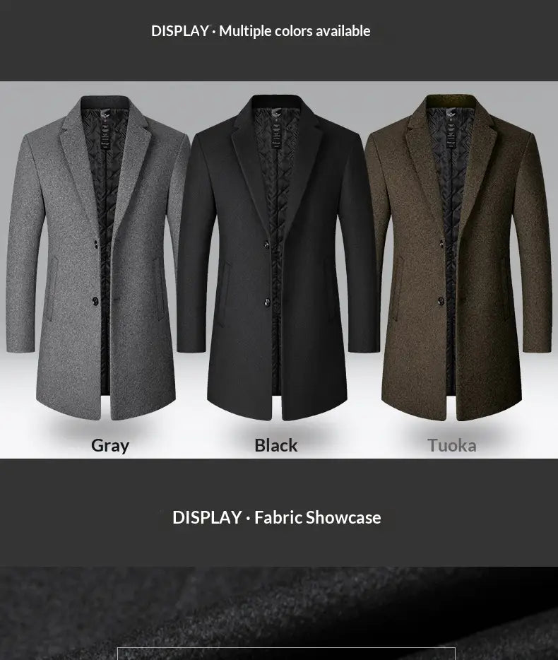 Three men’s wool overcoats in gray black and tuoka hues displayed side by side designed for warm winter wear.