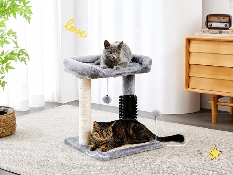 gray plush cat tree tower with sisal scratching posts and dangling toys designed for feline play and rest