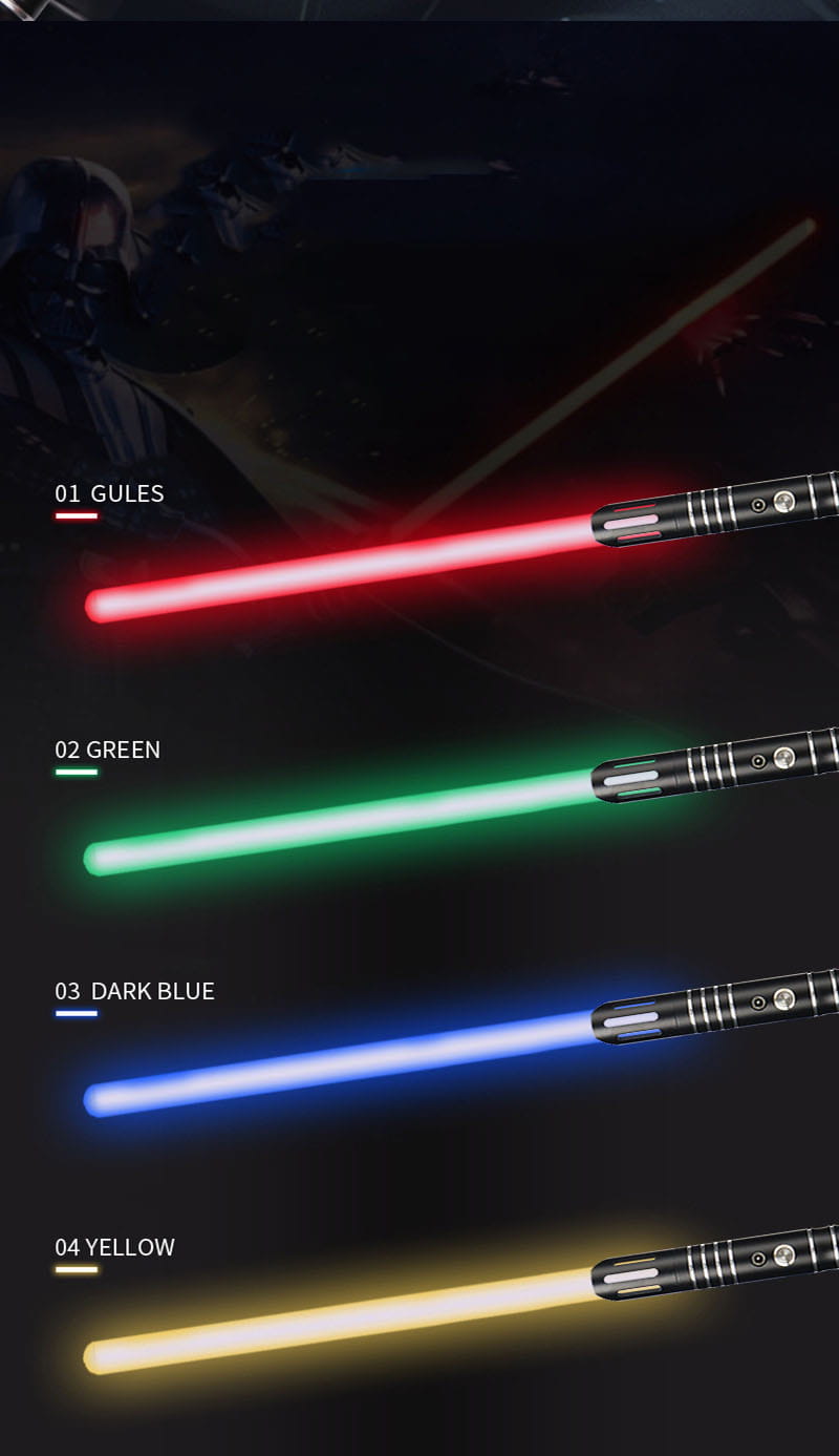 Un sabre laser jouet 2-en-1 en métal rgb à poignée noire élégante, avec une lame rouge lumineuse.
