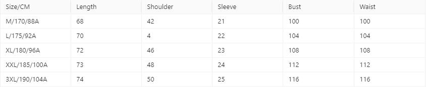 The size chart for men’s retro distressed linen short sleeve shirt displays various sizes with corresponding measurements in centimeters.