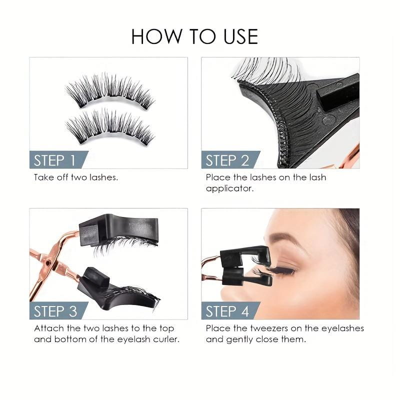Schwarze 3D-Magnet-Wimpern mit elegantem, geschwungenem Design und feinen, natürlich wirkenden Fasern, dargestellt mit einem professionellen Applikator-Set.