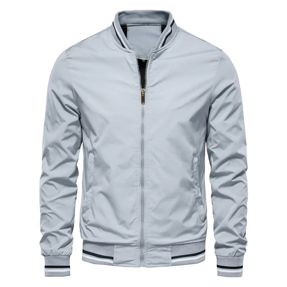 Men’s bomber jacket casual zip outerwear in light gray with black and white striped trim on the collar cuffs and waistband.