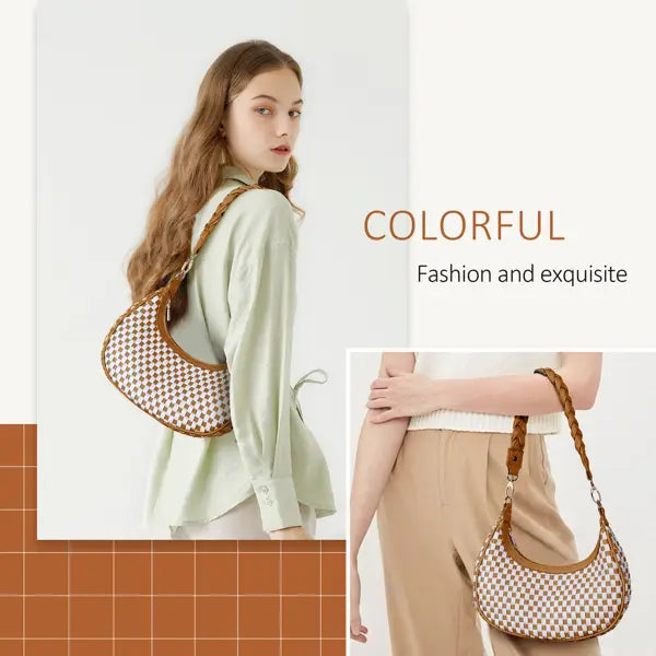 Beige and brown checkered woven vegan leather hobo shoulder bag with braided leather strap.