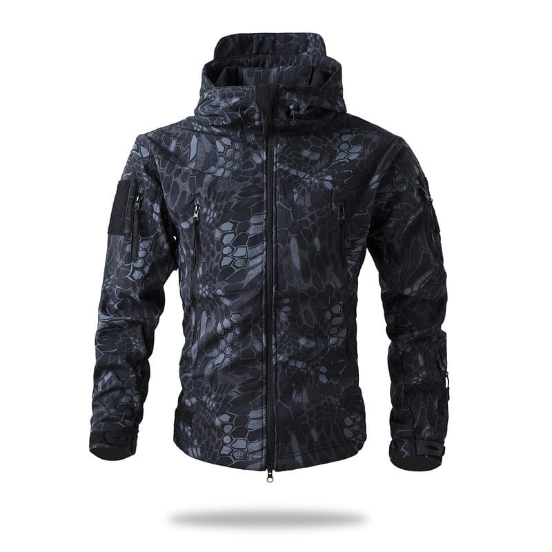 Men’s waterproof tactical fleece soft shell jacket in black and gray camouflage pattern with hood front zipper closure and multiple zippered pockets.