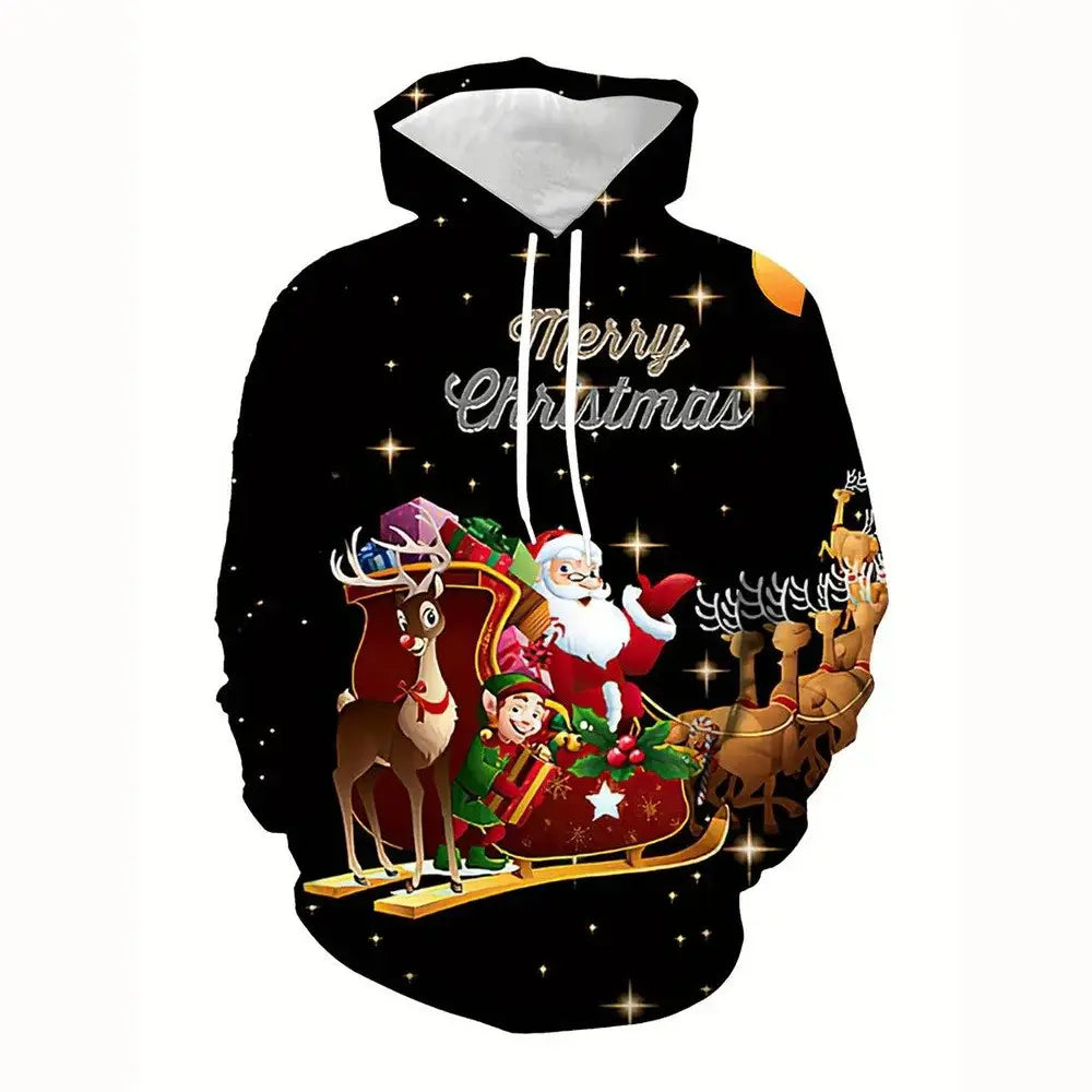 Homme : sweat à capuche noir à thème de Noël, avec un motif imprimé en 3D représentant le père Noël dans son traîneau avec des rennes et un lutin, orné d’un texte « Joyeux Noël » et de détails d’étoiles scintillantes.