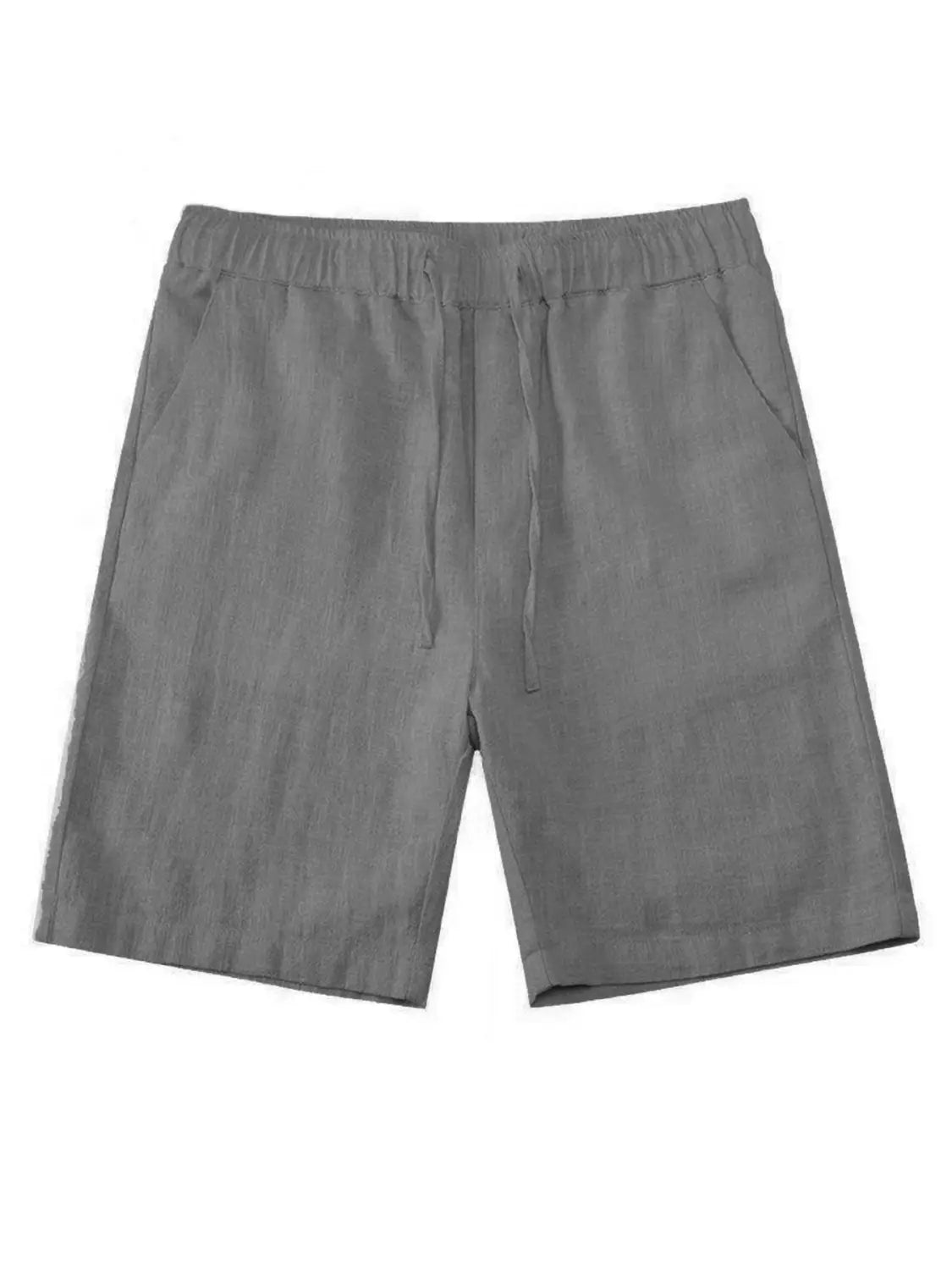 shorts en lin gris avec taille élastique et cordon de serrage, assortis à une chemise en lin boutonnée ample et décontractée pour homme