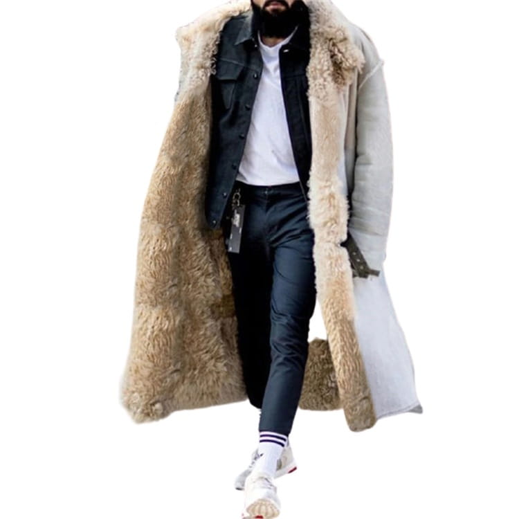beige furry long shearling winter coat with a plush textured fur collar and cuffs designed for warmth and style.