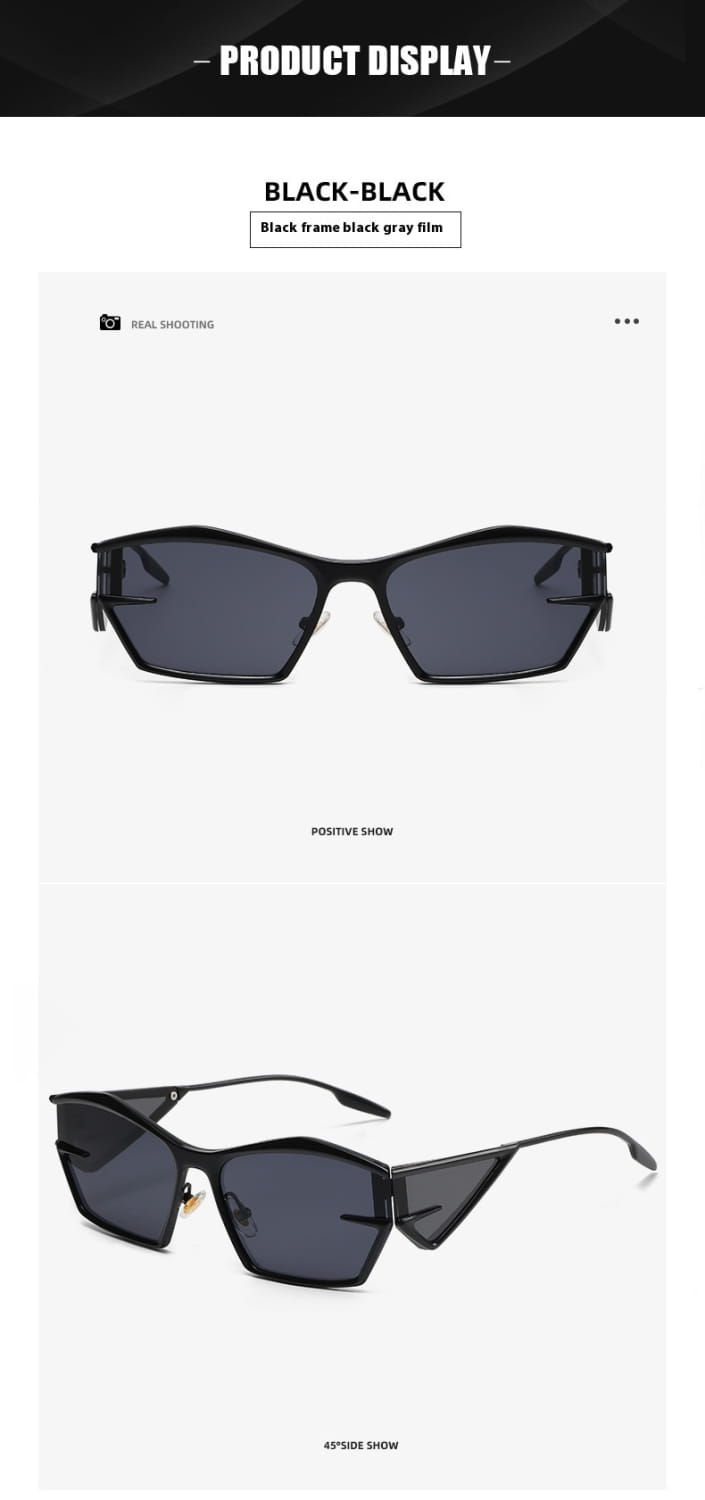 Black-framed geometric shield UV400 fashion sunglasses with dark gray lenses and a sleek angular design.