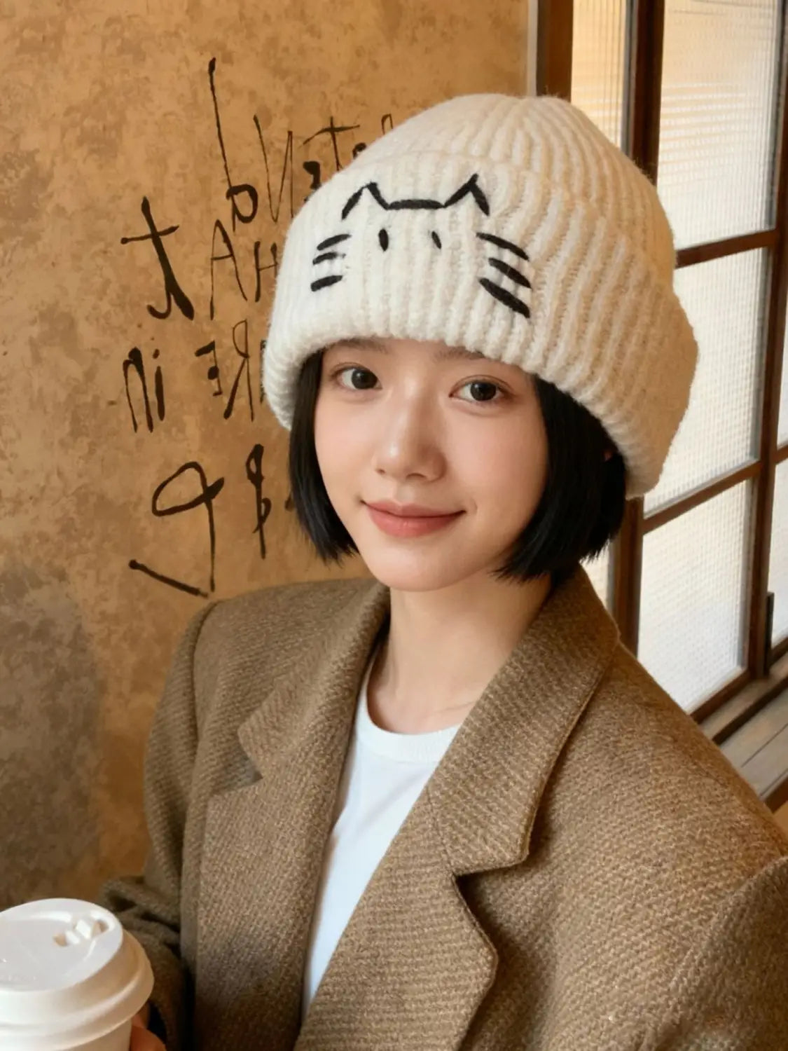 Cream-colored knitted beanie hat featuring a black embroidered cat face design.