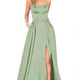 ein fließendes Salbeigrünes Satin-Bridesmaid-Party-Kleid mit hohem Schlitz, tailliertem Oberteil und dünnen Trägern