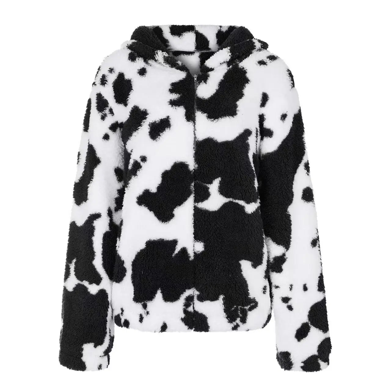Una chaqueta acolchada tipo zip-up negra y blanca con estampado de vaca, confeccionada con piel sintética suave, con capucha y una textura confortable.
