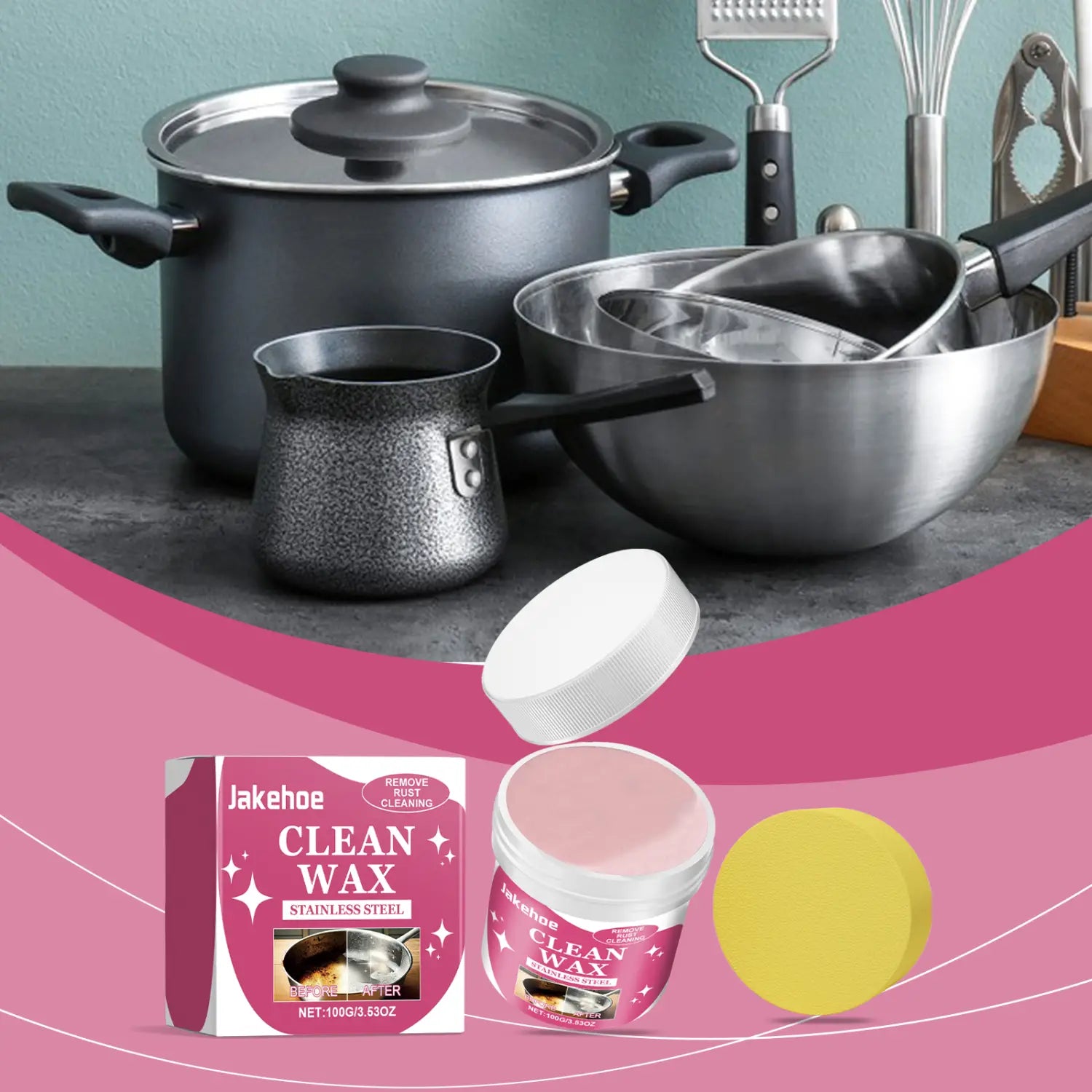 Frasco rosado etiquetado de pasta limpiadora de acero inoxidable Jakehoe para manchas en utensilios de cocina, con tapa blanca y una esponja amarilla al lado.