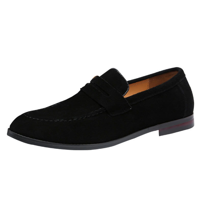 Mocassins penny en daim pour hommes, décontractés, en cuir, à enfiler facile, en noir, avec un design classique à enfiler et une doublure intérieure beige clair contrastante.