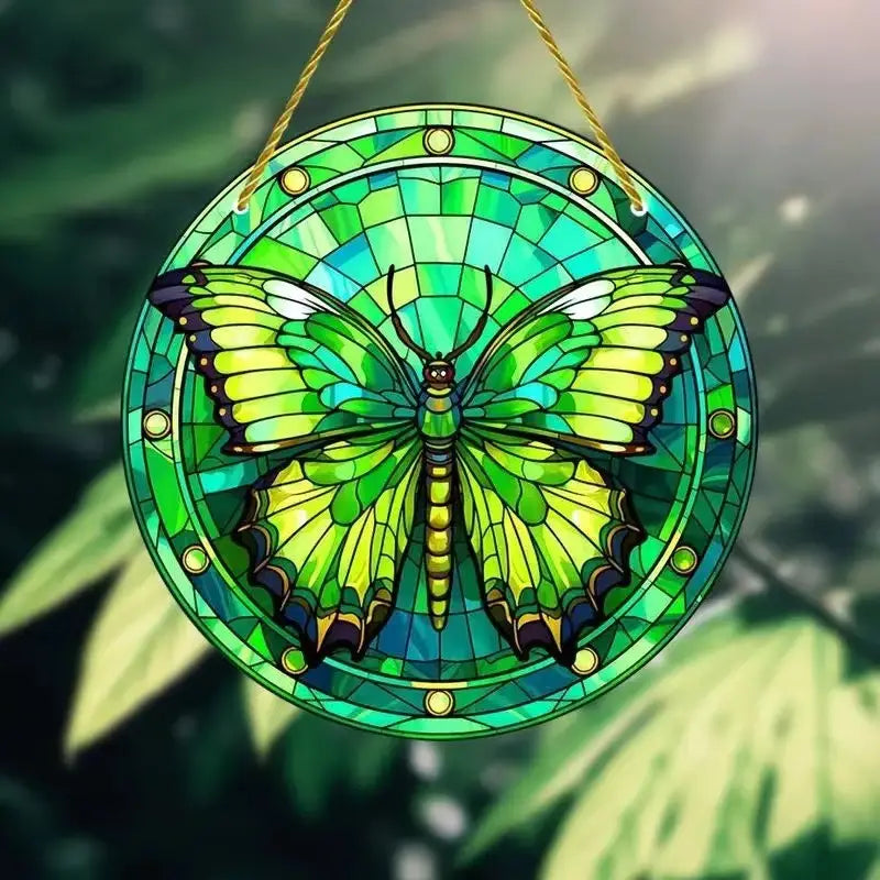 A vibrant green stained glass butterfly acrylic wall art hanging decor with intricate mosaic detailing and gold-toned metal accents.