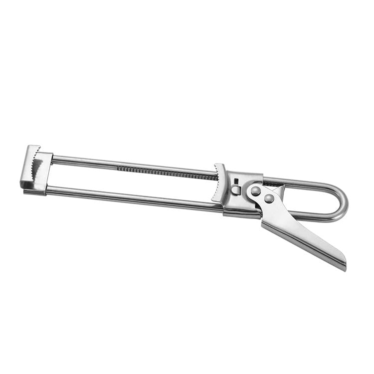 Stainless steel adjustable jar and bottle opener featuring a polished finish and ergonomic handle design.