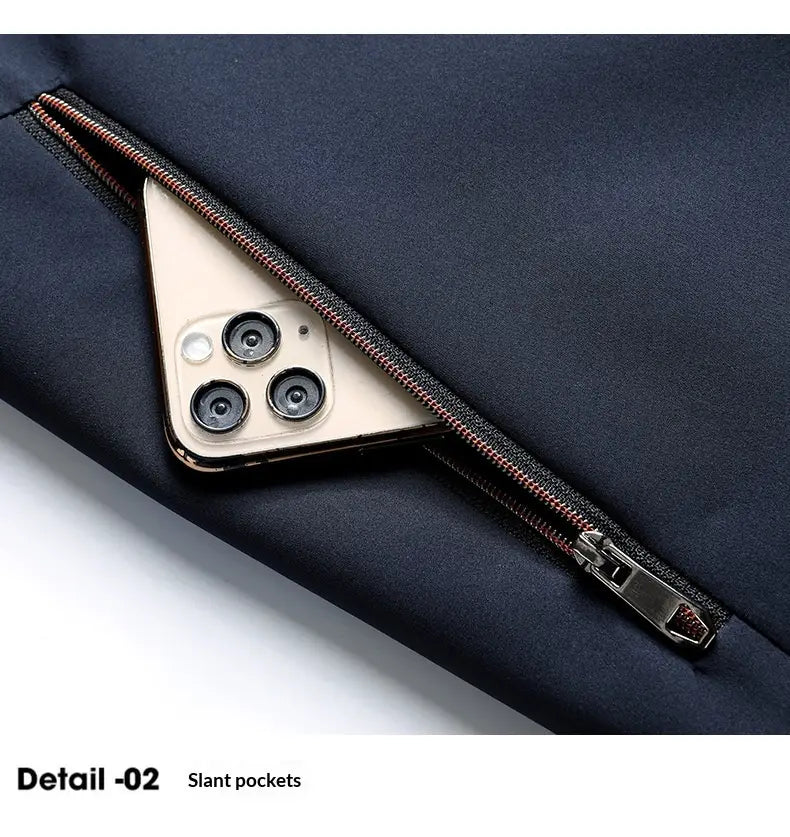 A sleek dark navy fabric pouch with a subtle red-trimmed zipper and metallic pull tab designed for men casual business stand collar jacket accessories.