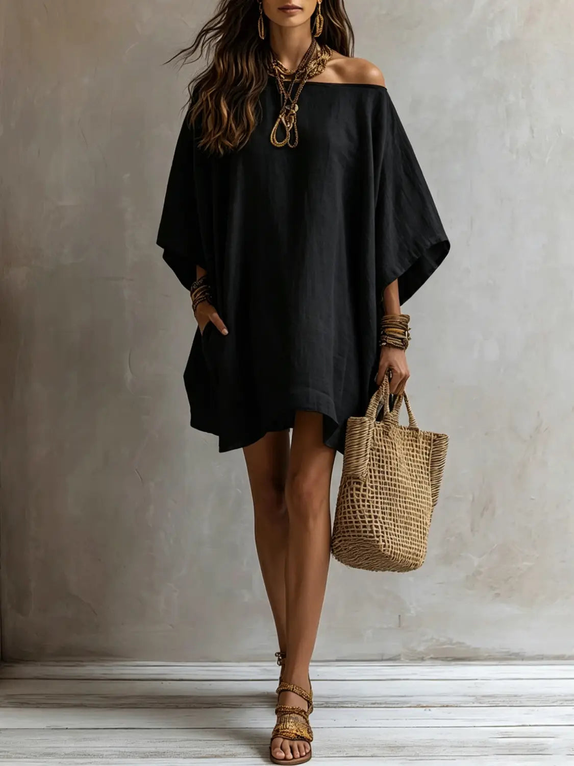Robe en lin noire à épaules dénudées et manches kimono, avec des manches amples et tombantes et une coupe décontractée