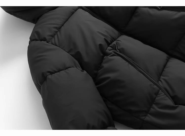 Black quilted hooded puffer cotton coat with smooth padded texture and visible stitching along the seams.